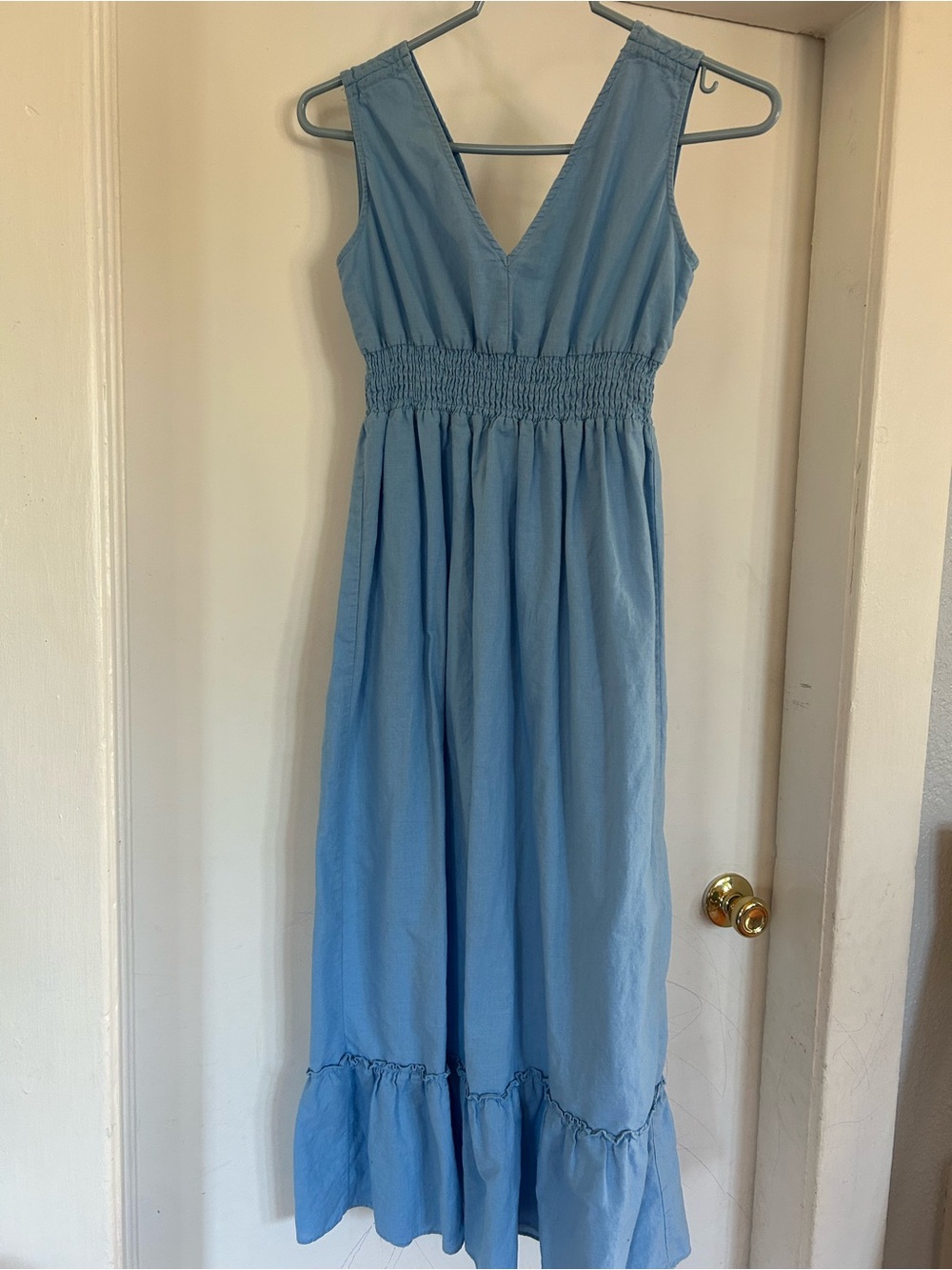 Light Blue V-Neck Smocked Waist Maxi Dress